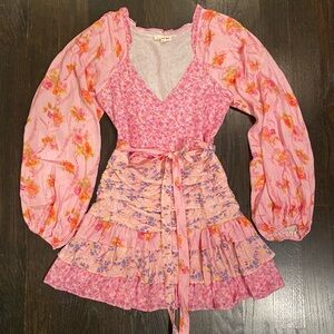 LoveShackFancy INSPIRED Floral Pink Layered Smocked Waist Long Sleeve Dress